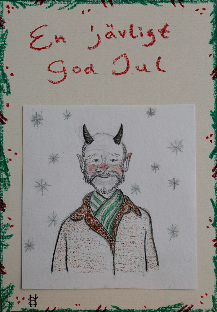 En jävligt God Jul - en äldre man med horn i pannan med en grön- och vitrandig halsduk. som önskar God Jul.